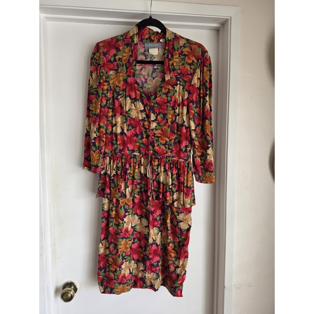 Carol Anderson Midi Dress Size 7/8 Floral Collared Long Sleeve Vintage Gown 80s